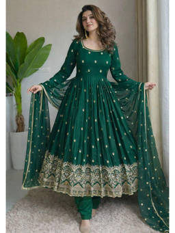 Mirraw - Women'S Silk Blend Printed Green Anarkali and Pant with Dupatta