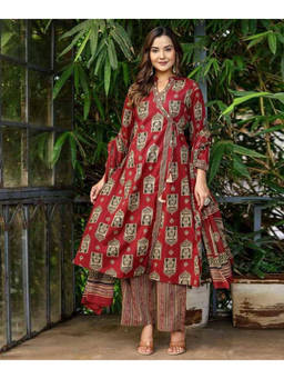 Mirraw - Women'S Cotton Printed Maroon Angrakha and Pant with Dupatta