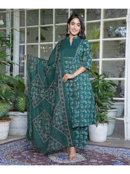 Mirraw - Women'S Cotton Printed Teal Kurta and Pant
