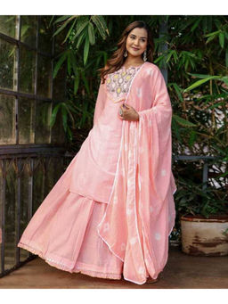Mirraw - Women'S Cotton Embroidered Pink Kurta and Sharara with Dupatta