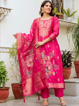 Mirraw - Women'S Chanderi Floral Pink Kurta and Pant