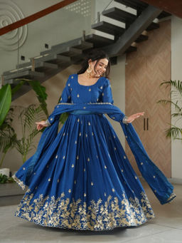 Mirraw - Royal Blue Chinon Silk Anarkali and Palazzo with Dupatta