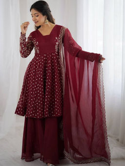 Mirraw - Women'S Silk Blend Embroidered Maroon Kurta and Palazzo with Dupatta