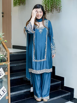 Mirraw - Women'S Chiffon Embroidered Blue Kurta and Palazzo with Dupatta