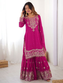 Mirraw - Women'S Georgette Embroidered Pink Kurta and Sharara with Dupatta