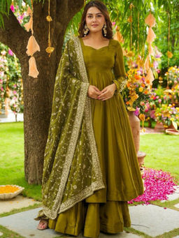 Mirraw - Women'S Chiffon Solid Green Anarkali and Sharara with Dupatta
