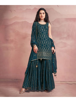 Mirraw - Women'S Georgette Printed Teal Kurta and Sharara with Dupatta