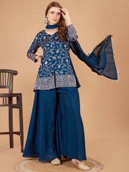 Mirraw - Women'S Silk Blend Embroidered Blue Kurti and Palazzo with Dupatta