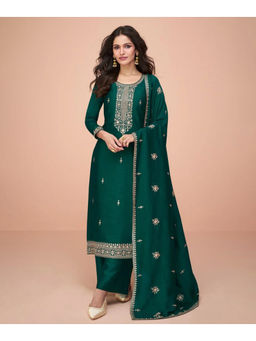 Mirraw - Women Silk Blend Embroidered Green Kurta and Pant with Dupatta
