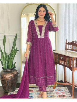 Mirraw - Women'S Georgette Printed Wine Anarkali and Pant with Dupatta