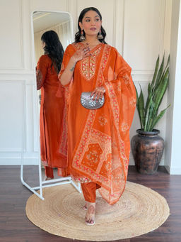 Mirraw - Women'S Viscose Embroidered Orange Kurta and Pant with Dupatta