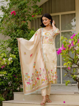 Mirraw - Women'S Viscose Embroidered Cream Kurta and Pant with Dupatta