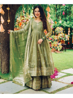 Mirraw - Women'S Silk Blend Embroidered Olive Anarkali and Pant with Dupatta