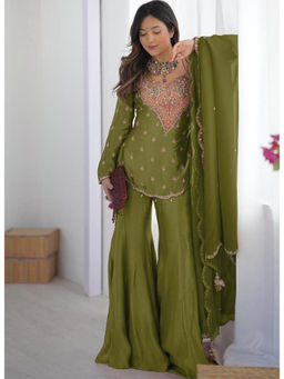 Mirraw - Women'S Silk Blend Embroidered Olive Tunic and Gharara with Dupatta