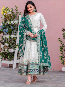 Mirraw - Women'S Georgette Embroidered White Anarkali and Pant with Dupatta