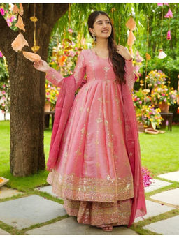Mirraw - Women'S Silk Blend Embroidered Pink Anarkali and Pant with Dupatta
