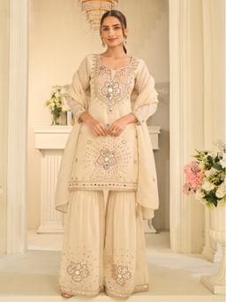 JATRIQQ - Women'S Silk Blend Embroidered Cream Kurta and Sharara with Dupatta