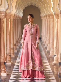 JATRIQQ - Women'S Silk Blend Embroidered Pink Jacket and Top with Palazzo