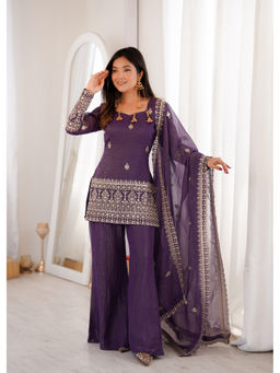 JATRIQQ - Women Silk Blend Embroidered Purple Kurta and Pant with Dupatta