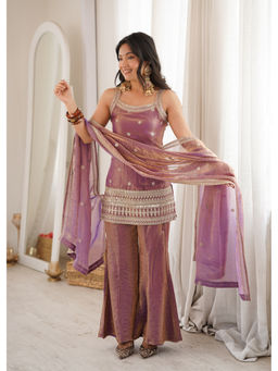 JATRIQQ - Dusty Pink Fendy Silk Embroidery Sequence and Jari Work Kurta with Pant and Dupatta