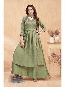 Vedant Vastram - Women'S Modal Embroidered Green Angarkha and Palazzo with Dupatta