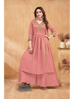 Vedant Vastram - Women'S Modal Embroidered Peach Angarkha and Palazzo with Dupatta