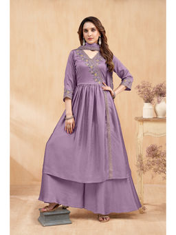 Vedant Vastram - Women Modal Embroidered Purple Angarkha and Pant with Dupatta
