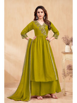 Vedant Vastram - Women'S Modal Embroidered Yellow Angarkha and Pant with Dupatta
