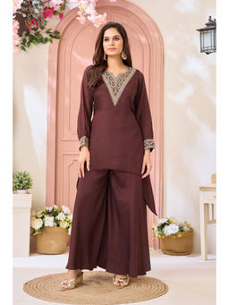 Vedant Vastram - Women'S Chinon Embroidered Brown Kurti and Palazzo