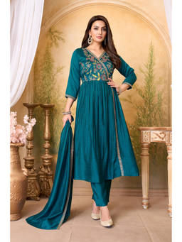 Vedant Vastram - Women'S Modal Embroidered Teal Angarkha and Pant with Dupatta