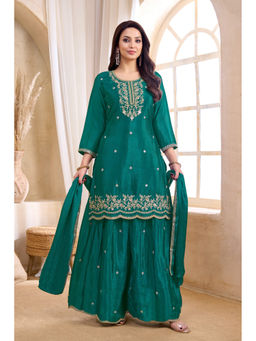 Vedant Vastram - Women'S Chinon Embroidered Teal Kurta and Palazzo with Dupatta