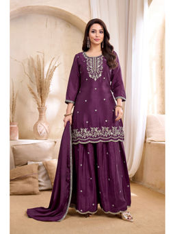Vedant Vastram - Women'S Chinon Embroidered Purple Kurta and Palazzo with Dupatta