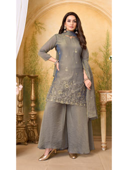 Vedant Vastram - Women'S Modal Embroidered Grey Kurta and Palazzo with Dupatta