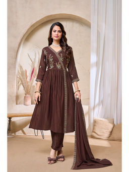 Vedant Vastram - Women'S Modal Embroidered Brown Angarkha and Pant with Dupatta