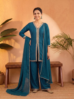 Vedant Vastram - Women'S Modal Solid Teal Kurti and Palazzo with Dupatta