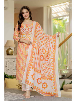 JAIPUR SARAI - Women'S Cotton Printed Orange Kurta and Pant with Dupatta