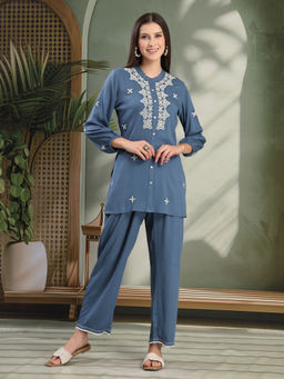 Nayam by lakshita - Women'S Viscose Rayon Embroidered Blue Kurta and Pant