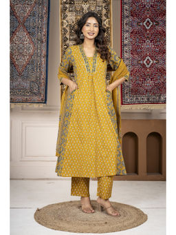 JAIPUR SARAI - Women'S Cotton Printed Mustard Kurta and Pant with Dupatta