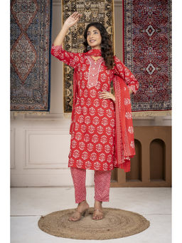 JAIPUR SARAI - Women'S Cotton Floral Red Kurta and Pant with Dupatta