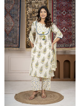 JAIPUR SARAI - Women'S Cotton Printed White Kurta and Pant with Dupatta