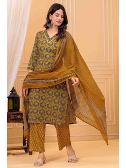 JAIPUR SARAI - Women Cotton Printed Mustard Kurta and Pant with Dupatta