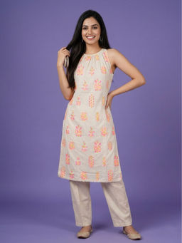 SPAN - Women'S Cotton Printed White Kurta and Pant
