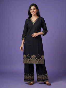 SPAN - Women'S Cotton Printed Black Kurta and Pant