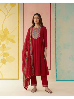 KVS FAB - Women Silk Blend Embroidered Red Kurta and Pant with Dupatta