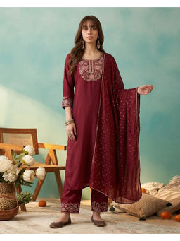 KVS FAB - Women'S Silk Blend Embroidered Maroon Kurta and Pant with Dupatta