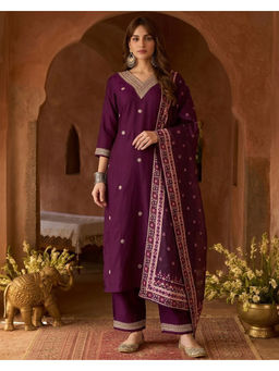 KVS FAB - Women'S Silk Blend Embroidered Wine Kurta and Pant with Dupatta