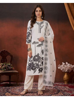 KVS FAB - Women'S Cotton Embroidered White Kurta and Pant with Dupatta