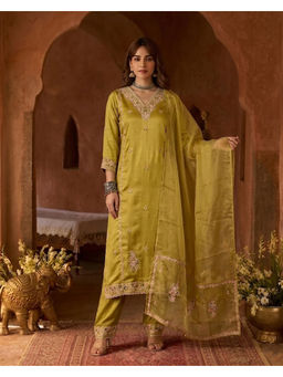 KVS FAB - Women'S Silk Blend Embroidered Green Kurta and Pant with Dupatta