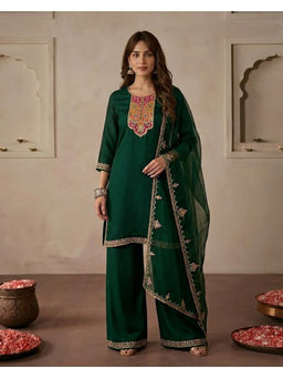 KVS FAB - Women'S Silk Blend Embroidered Green Kurta and Palazzo with Dupatta
