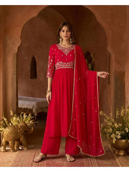 KVS FAB - Women'S Georgette Embroidered Pink Kurta and Palazzo with Dupatta
